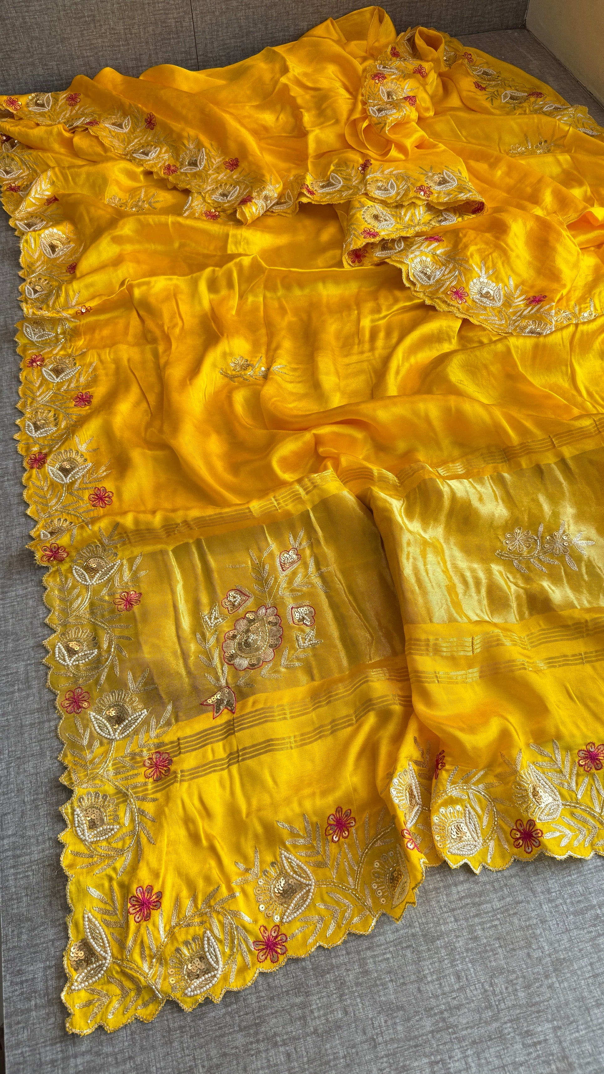 Designer Yellow Pure Gajji Silk Saree with Aari, Cutdana, and Gota Patti Handwork with Blouse