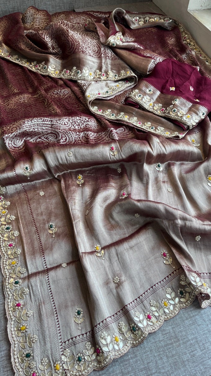 Royal Khaddi Georgette Banarasi Zari Weaving Saree with Gotapatti & Jewellery Stone Embellishment