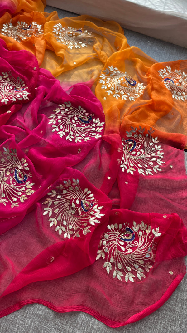 Pure Chiffon Peacock Embroidered Saree with Matching Blouse