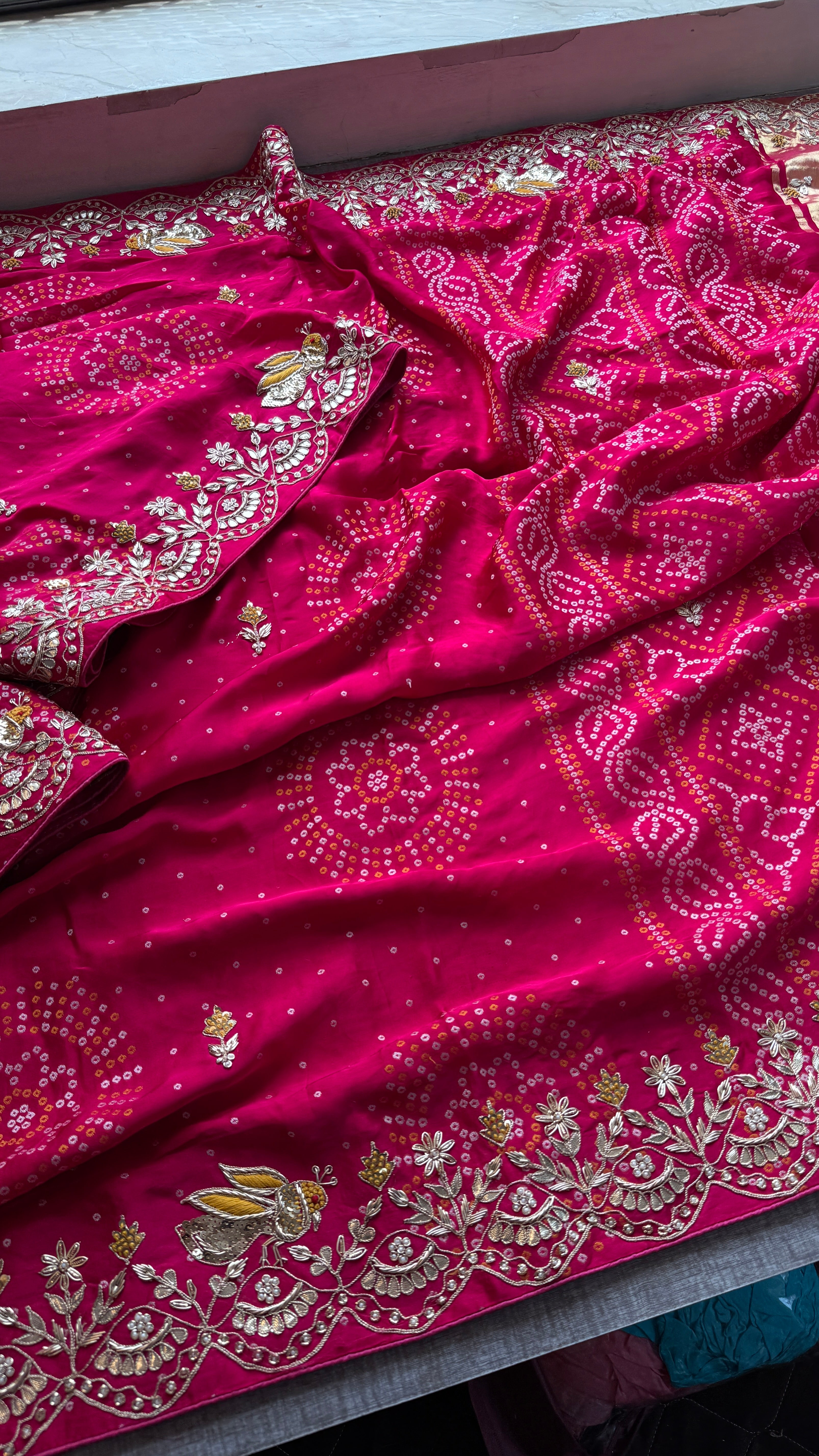 Pure gajji silk lakdi patta Gotapatti saree