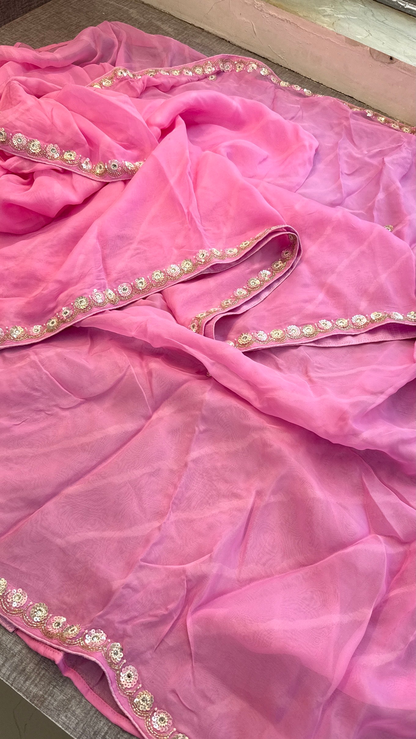 Pink Organza Leheriya Saree | Zardozi & Sequin Handwork Saree | Designer Partywear Saree