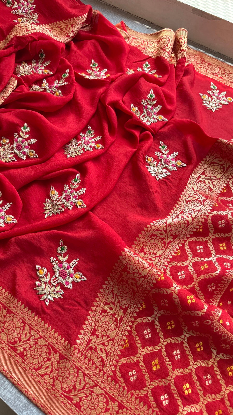 Beautiful Precious Stone Saree | Banarasi Zari Weaving Saree | Handcrafted Gota Patti & Zardozi Work | Bridal & Festive Designer Saree