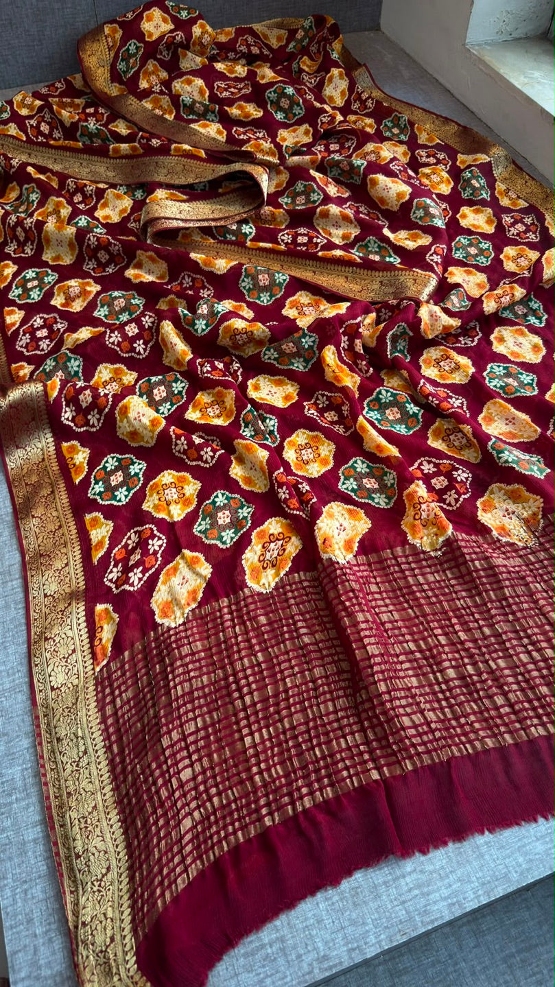 Luxurious Soft Chinon Crepe Banarasi Weaving Patola Print Saree