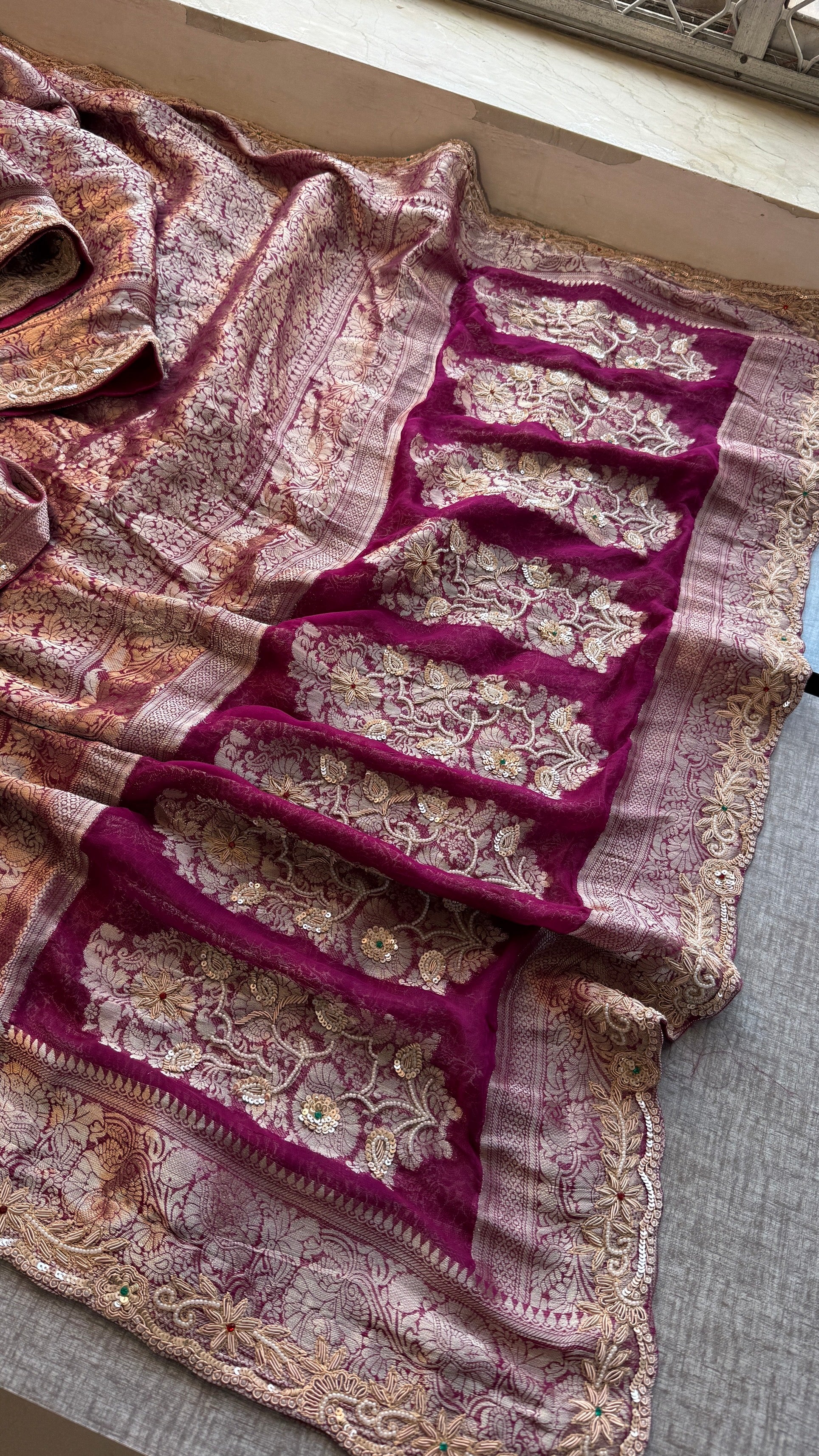Wedding Wear Banarasi Khaddi Georgette Saree with Pearl Sequin Gotapatti Work
