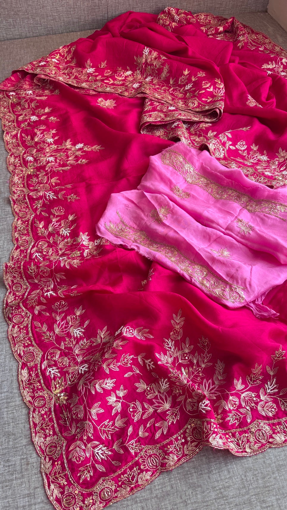 Designer Pure Munga Silk Saree with Floral Handwork & Embellished Border