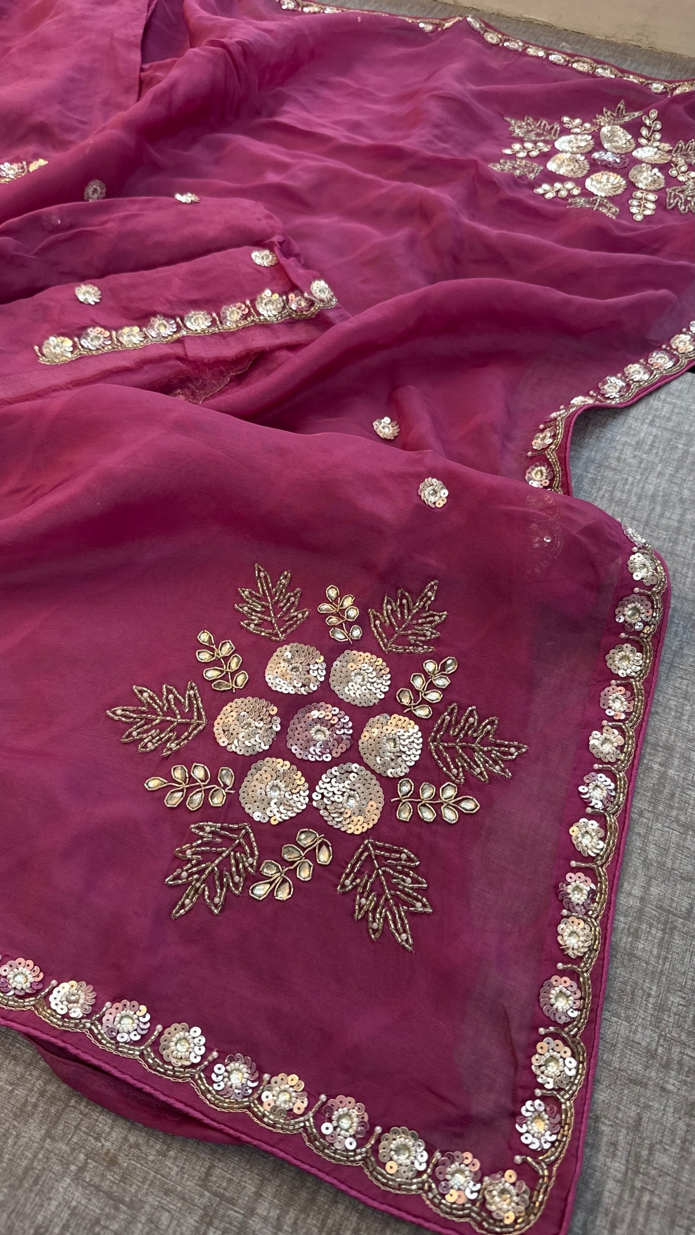 Wine Organza Leheriya Saree | Zardozi & Sequin Handwork | Designer Festive Saree