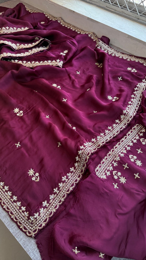 Bridal Pure Soft Organza Satin Saree with Zardozi, Sequins, Kutdana & Pearl Handwork