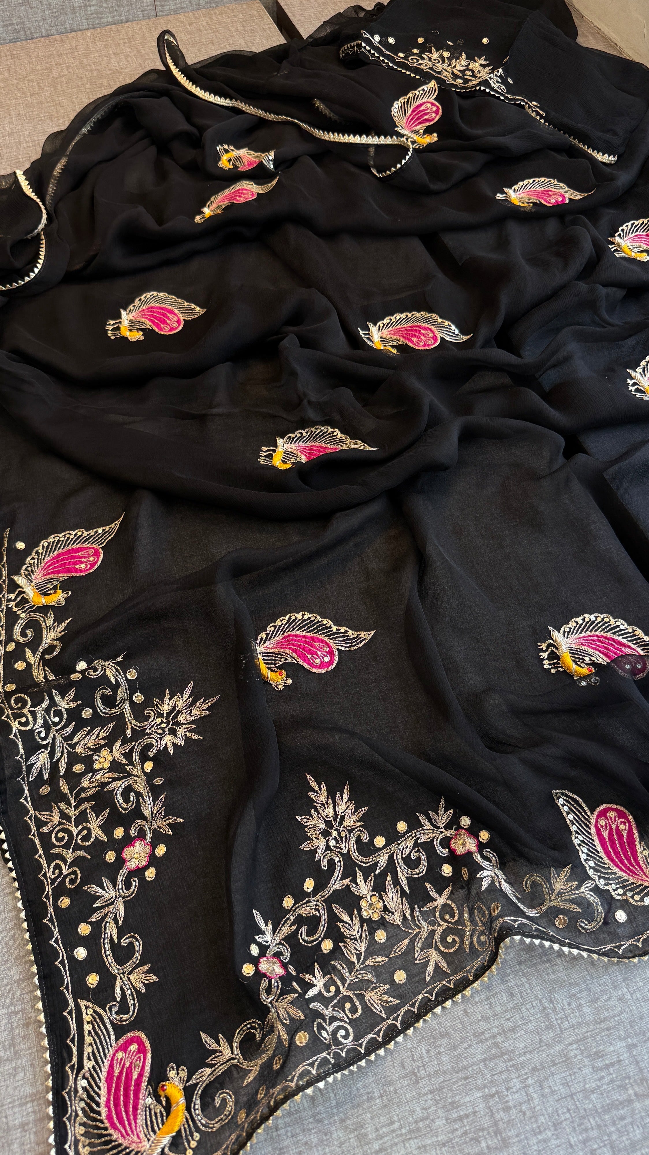Black chiffon Saree with zardozi, kutdana and sequins work