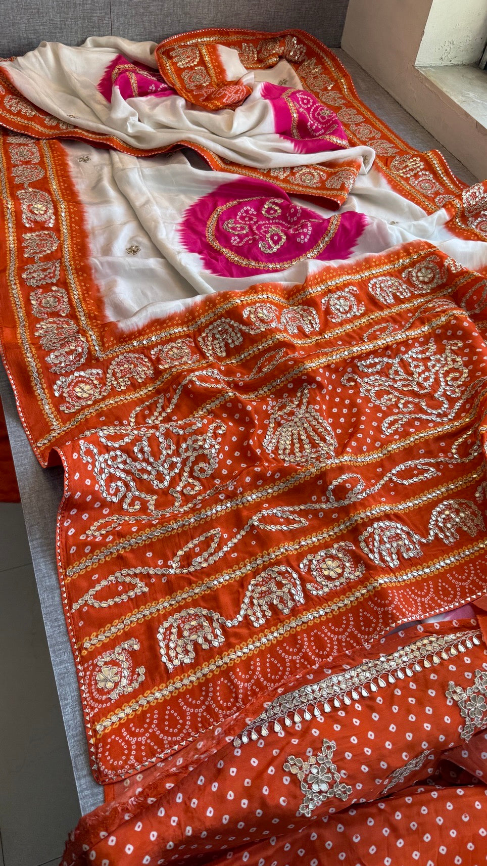 Pure Munga Silk Saree with Elephant Motifs & Gota Patti Work