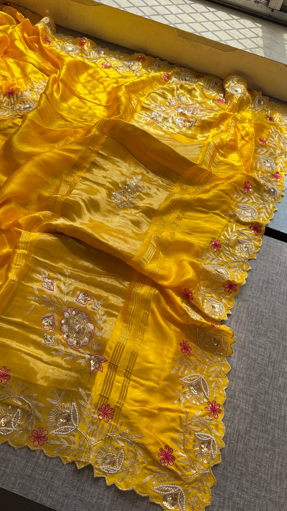 Soft Gajji Silk Lakdi Patta Banarasi Saree with Zardozi, Kasab, Pearl & Sequins Work
