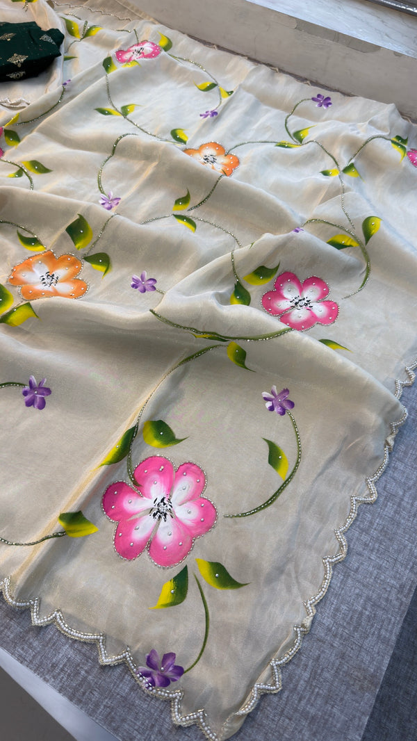 Exquisite Floral Hand-Painted Munga Silk Saree | Designer Ethnic Wear