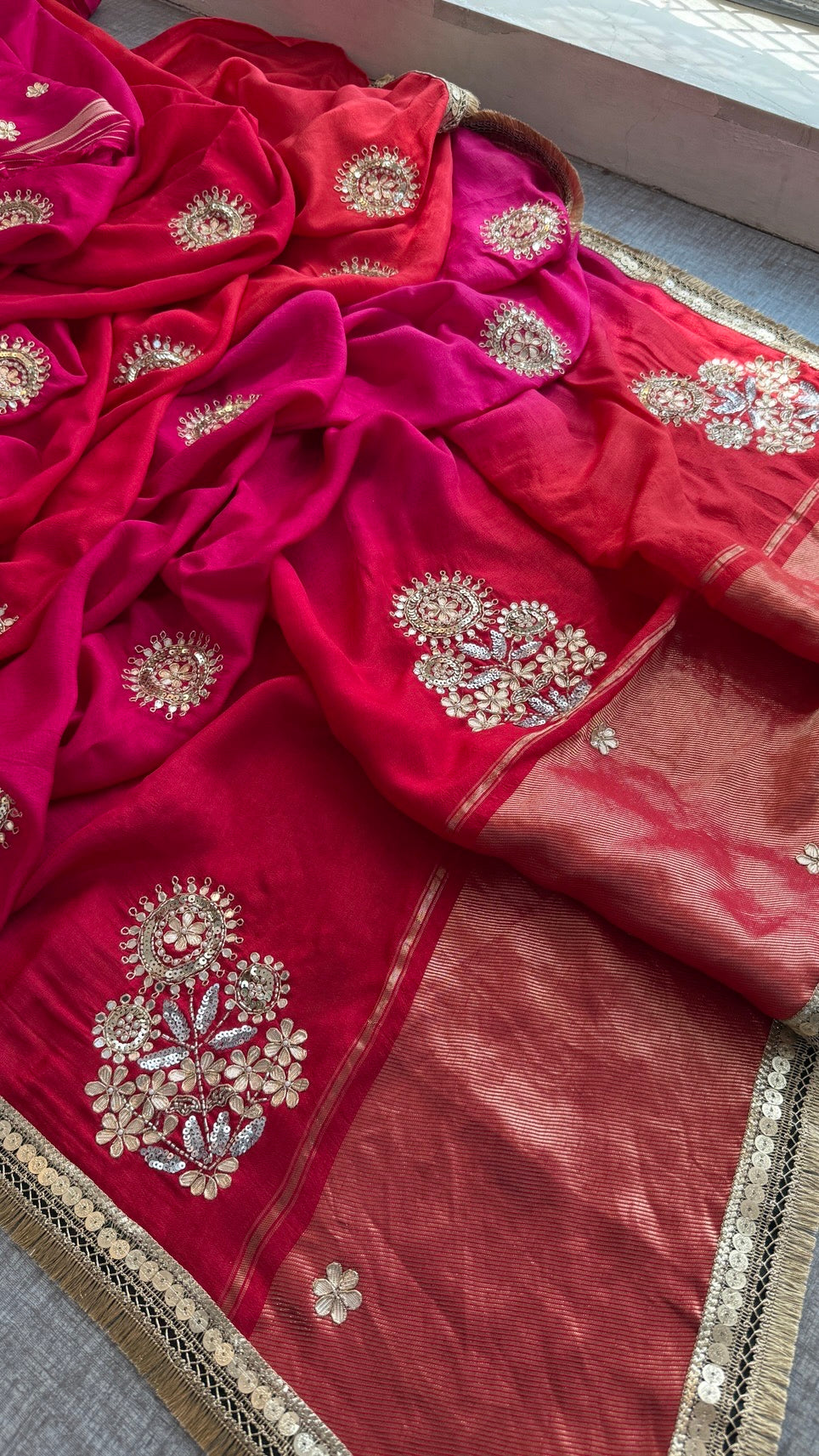Pure Munga Silk Lakdi Patta Banarasi Saree with Gotapatti, Zardozi & Pearl Work