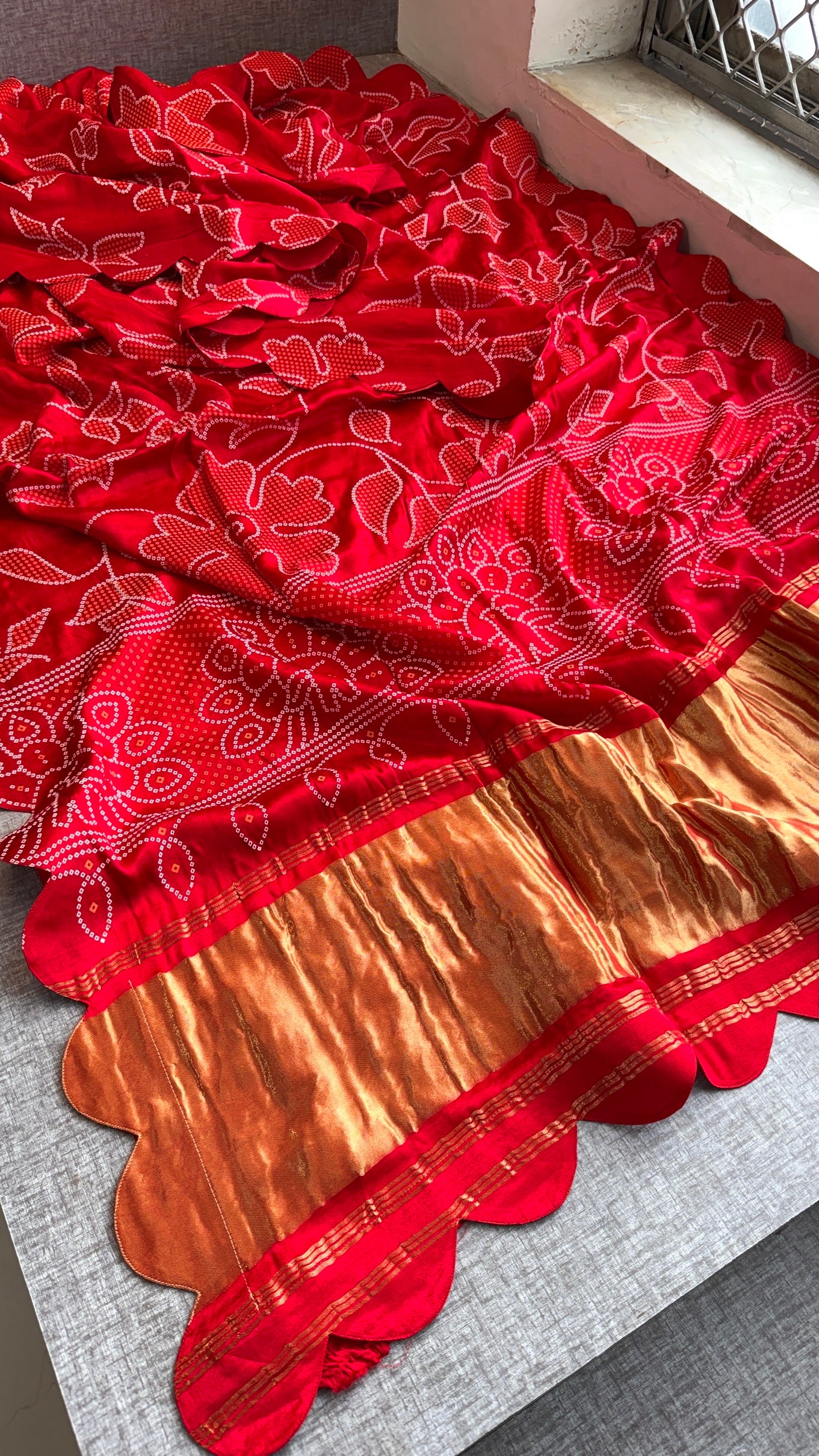 Pure Gajji Silk Bandhej Print Saree with Scallop Border – Orange Designer Bandhani Silk Saree
