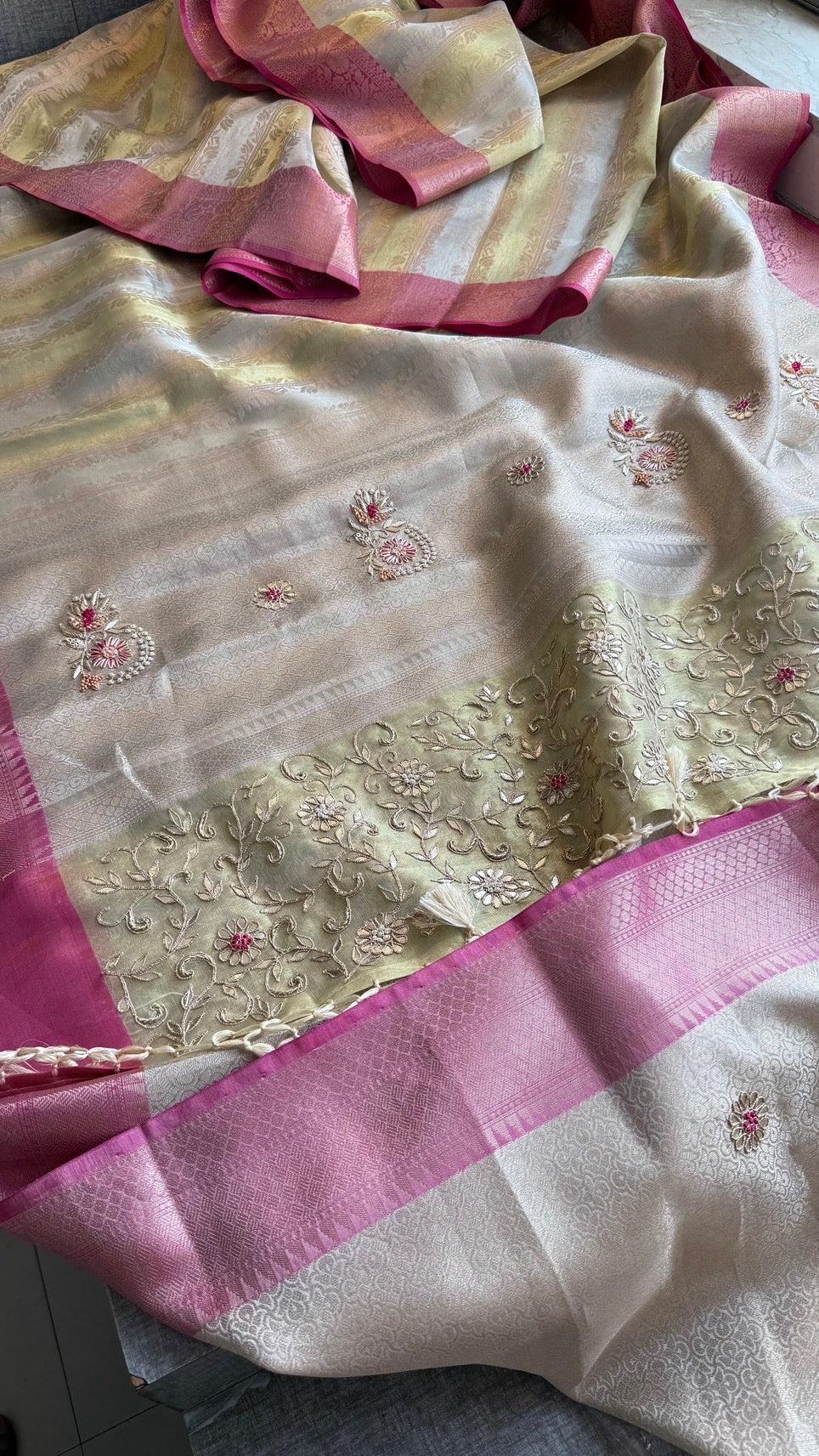Pure Soft Tissue Silk Saree with Heavy Pallid Brocade & Banarasi Zari Border