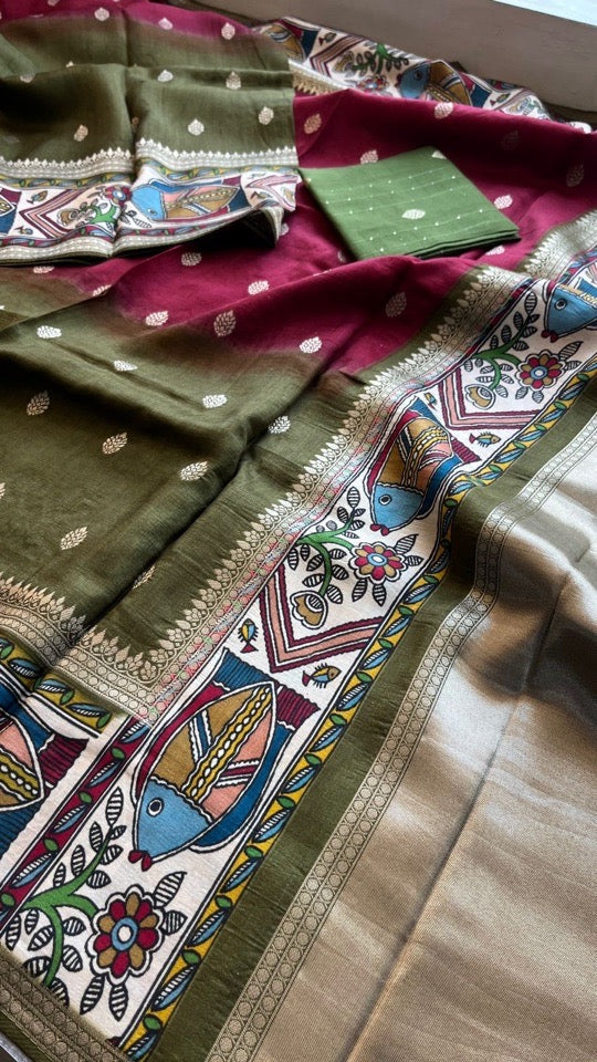 Soft Munga Silk Banarasi Kanni Weaving Saree with Madhubani Border