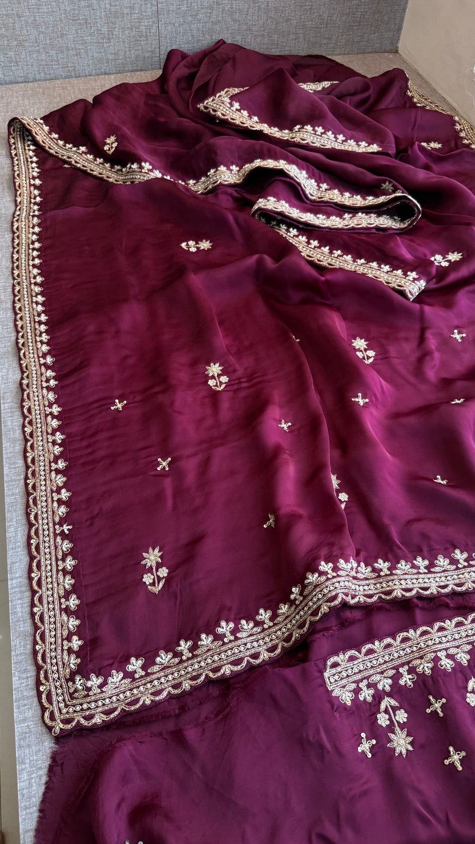 Bridal Pure Soft Organza Satin Saree with Zardozi, Sequins, Kutdana & Pearl Handwork