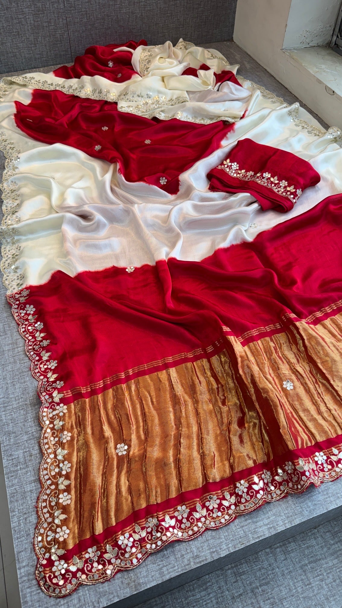 Exquisite Dual-Shade Pure Gajji Silk Saree with Traditional Gota Patti & Mirror Work