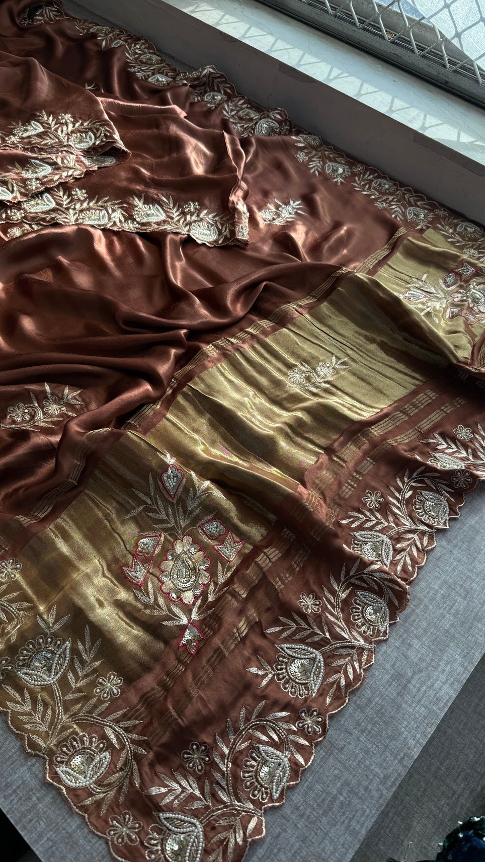 Soft Gajji Silk Lakdi Patta Banarasi Saree with Zardozi, Kasab, Pearl & Sequins Work