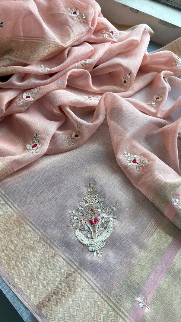Pure Soft Tissue Linen Banarasi Saree | Zardozi & Kutdana Handwork Saree