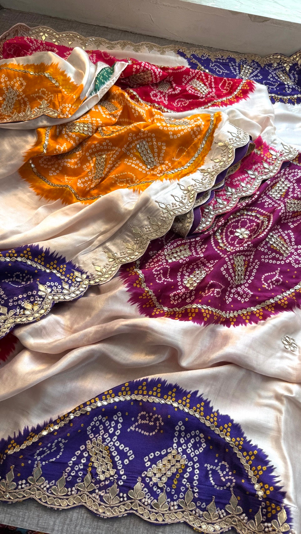 Elegant Gajji Silk Saree with Bandhani Prints & Handcrafted Embellishments