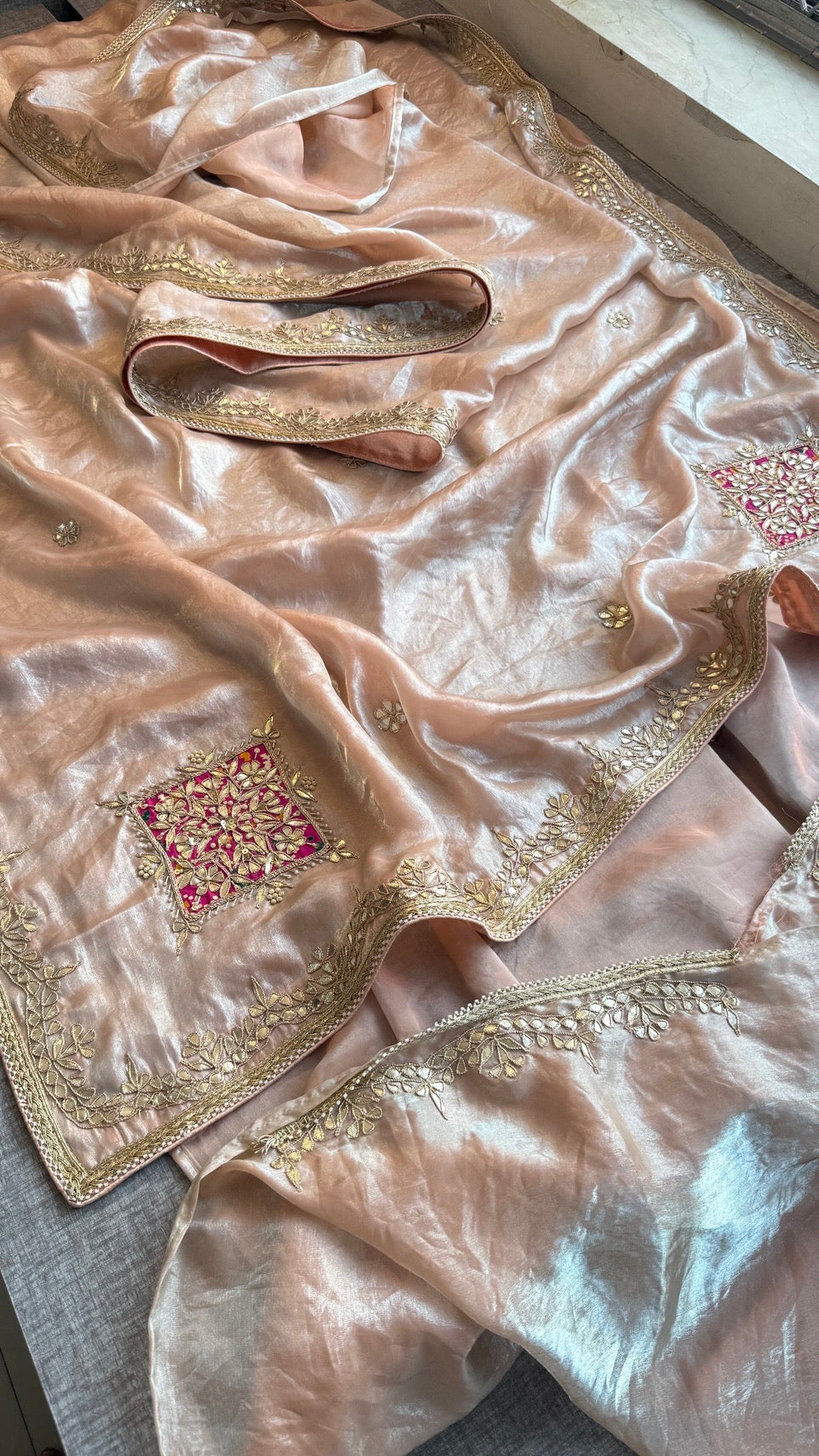 Pure Soft Crepe Silk Saree with Gota Patti, Zardozi, Pearl & Kutdana Handwork