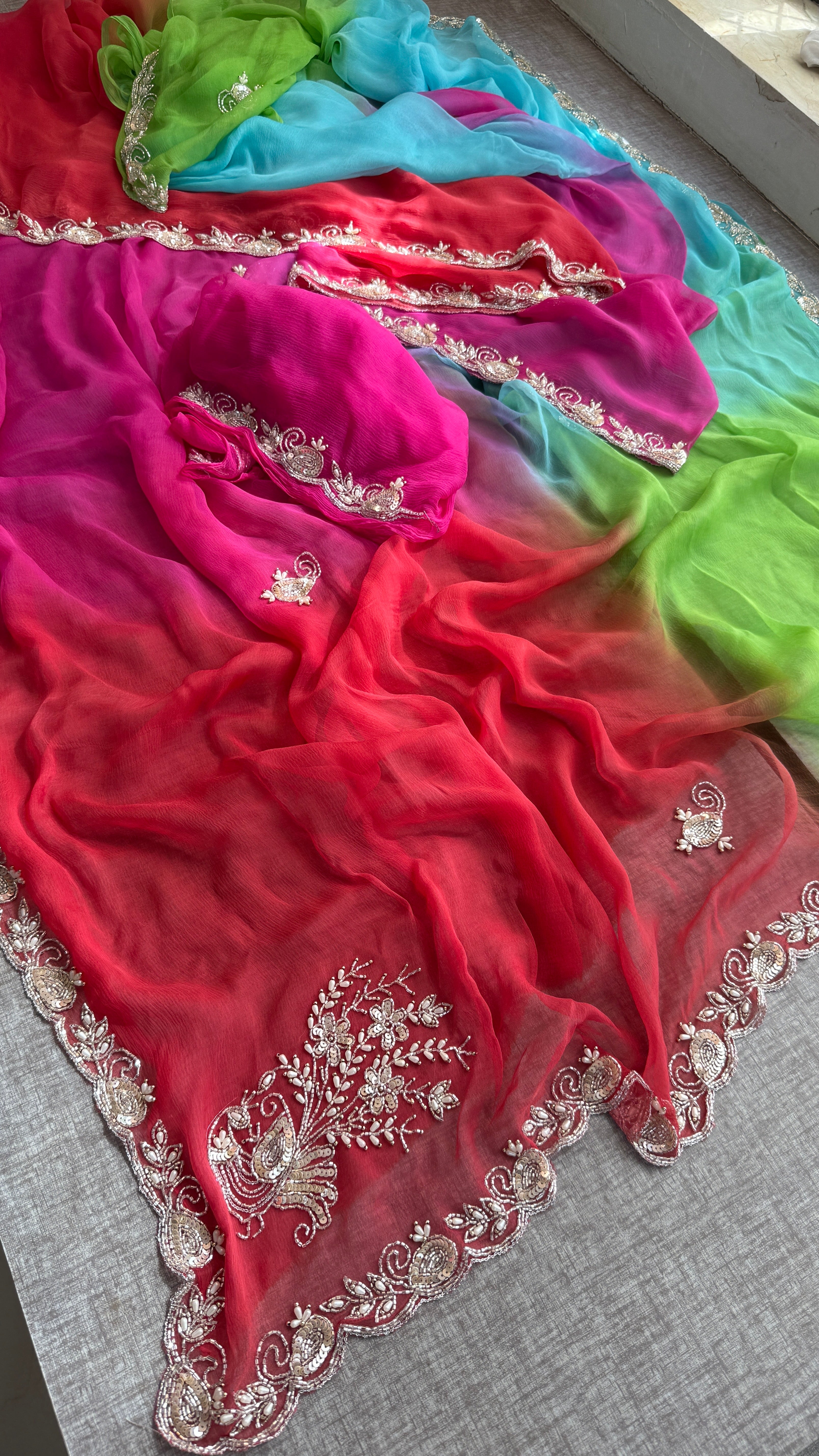 Multi Shade Summer Chiffon Saree with Cutdana, Moti & Sequins Work