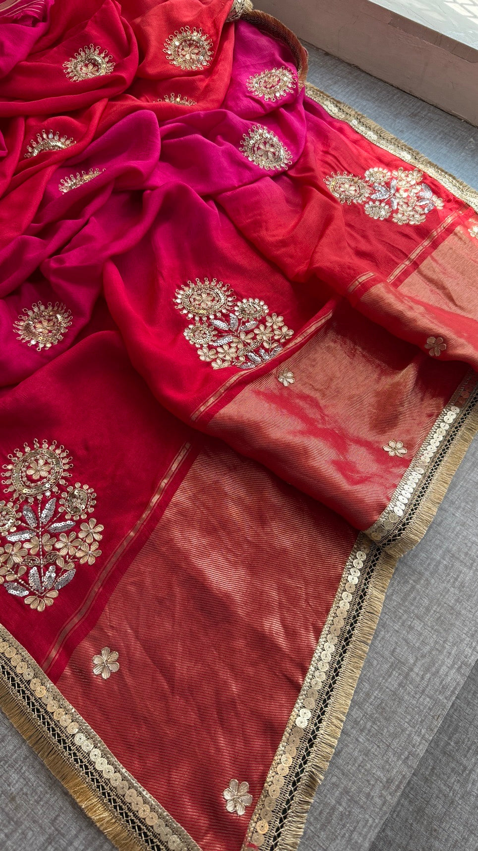 Pure Munga Silk Lakdi Patta Banarasi Saree with Gotapatti, Zardozi & Pearl Work