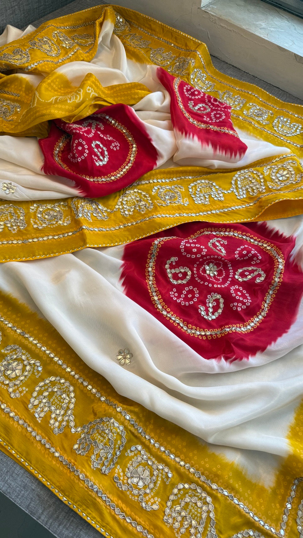 Pure Munga Silk Saree with Elephant Motifs & Gota Patti Work