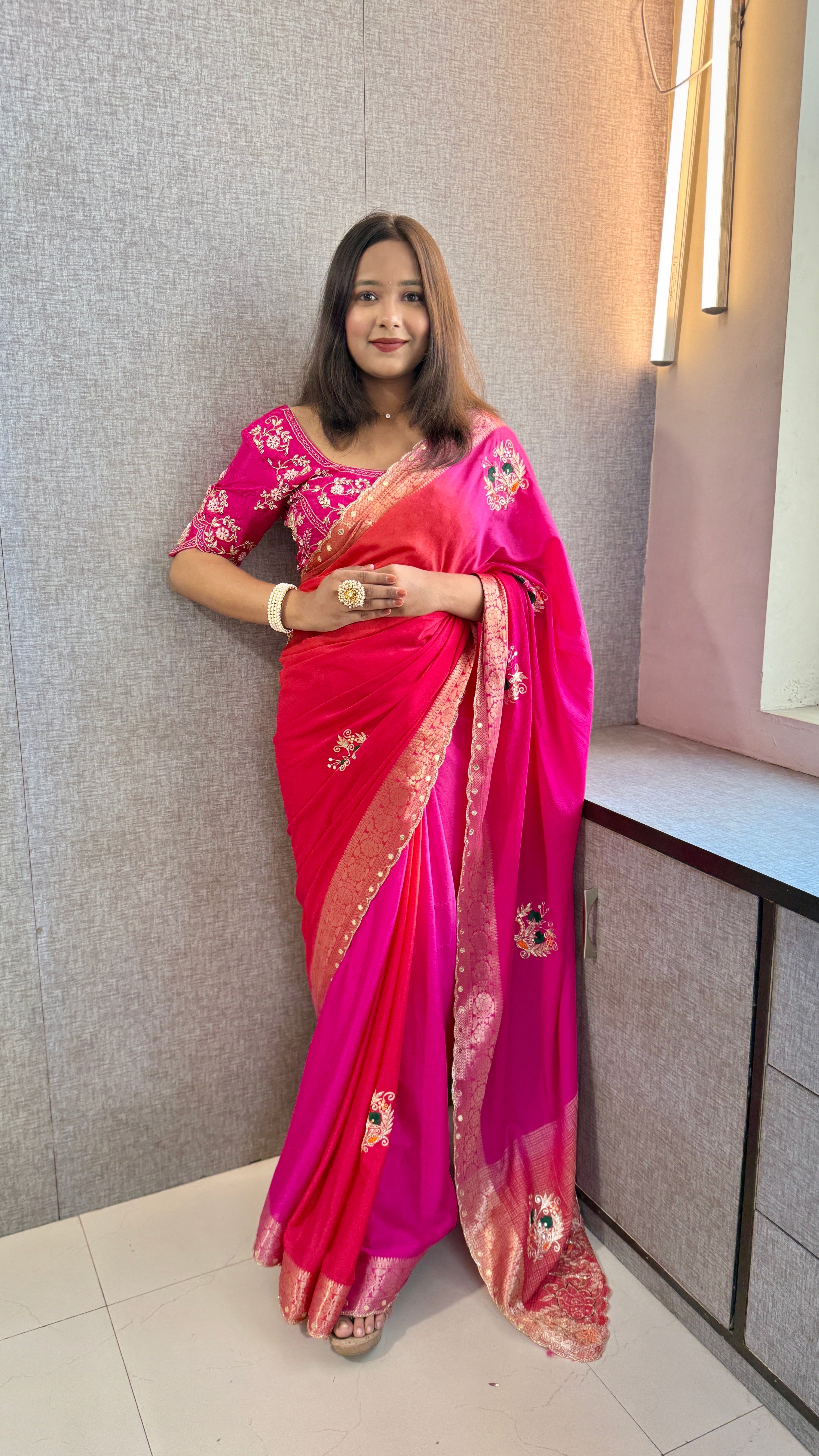 Pure Chinon Silk Saree with Thread Embroidery & Banarasi Zari Border
