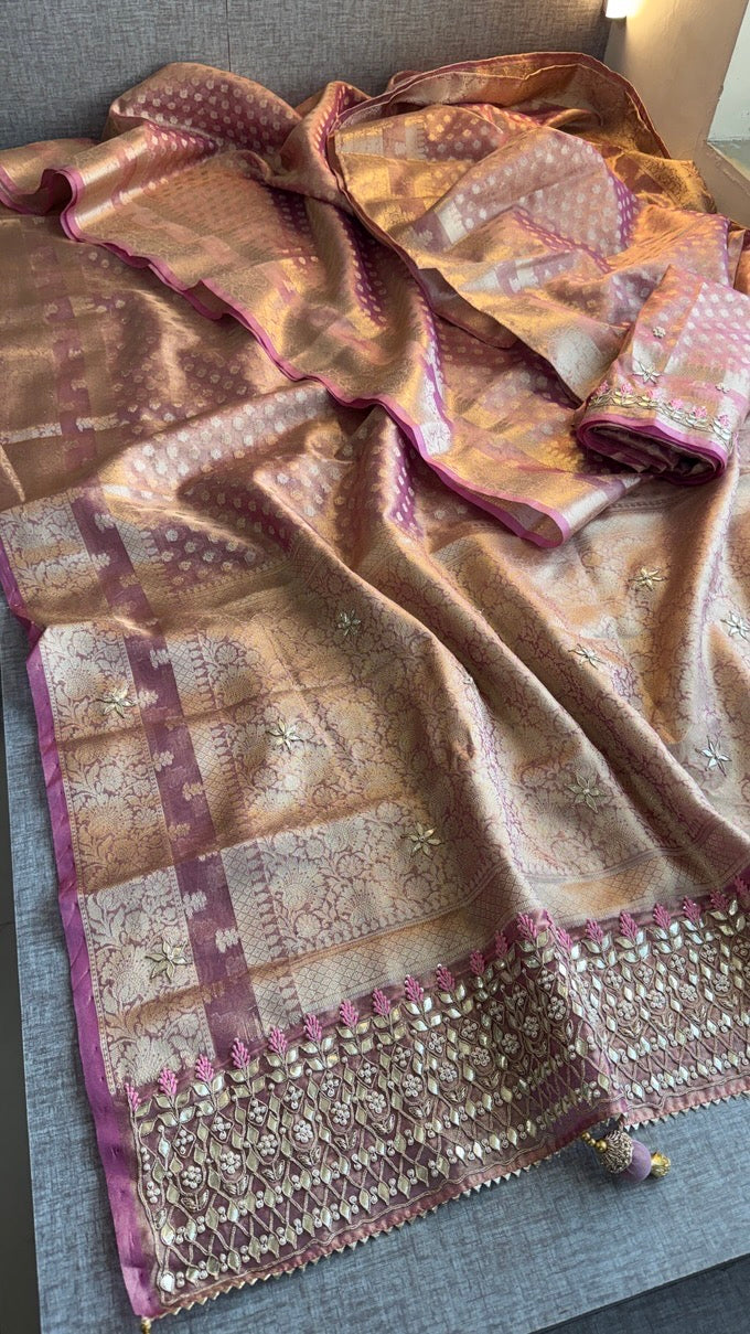 100% Soft Tissue Silk Banarasi Weaving Saree with Gotapatti, Zardozi, Pearl & Sequin Work