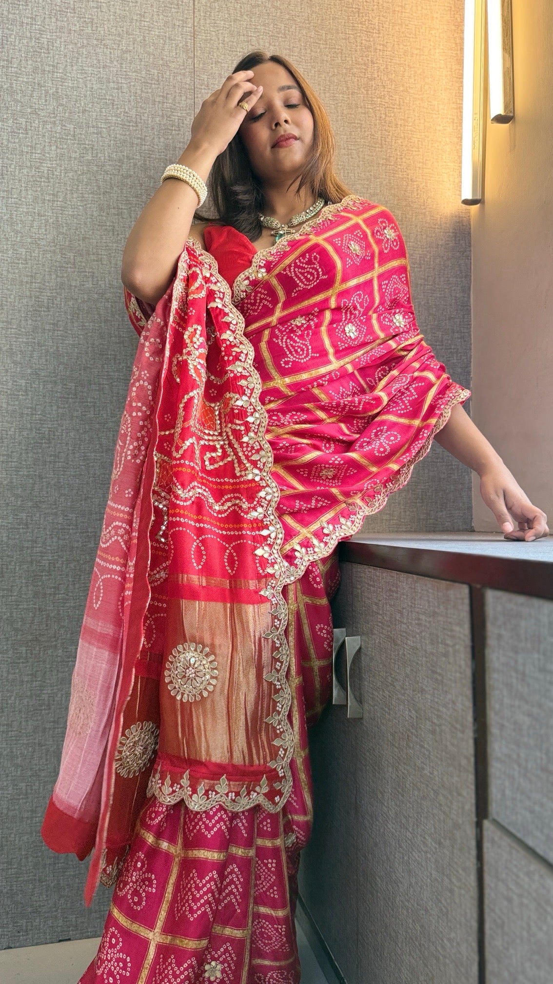 Pure Gajji Silk Lakdi Patta Bandhani Saree with Gotapatti, Pearl Sequins & Scallop Border