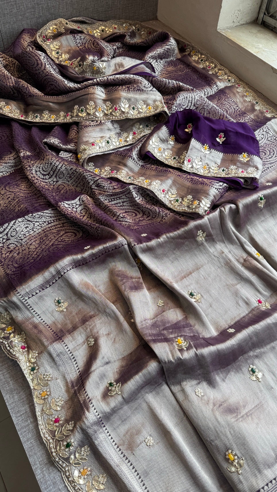 Royal Khaddi Georgette Banarasi Zari Weaving Saree with Gotapatti & Jewellery Stone Embellishment