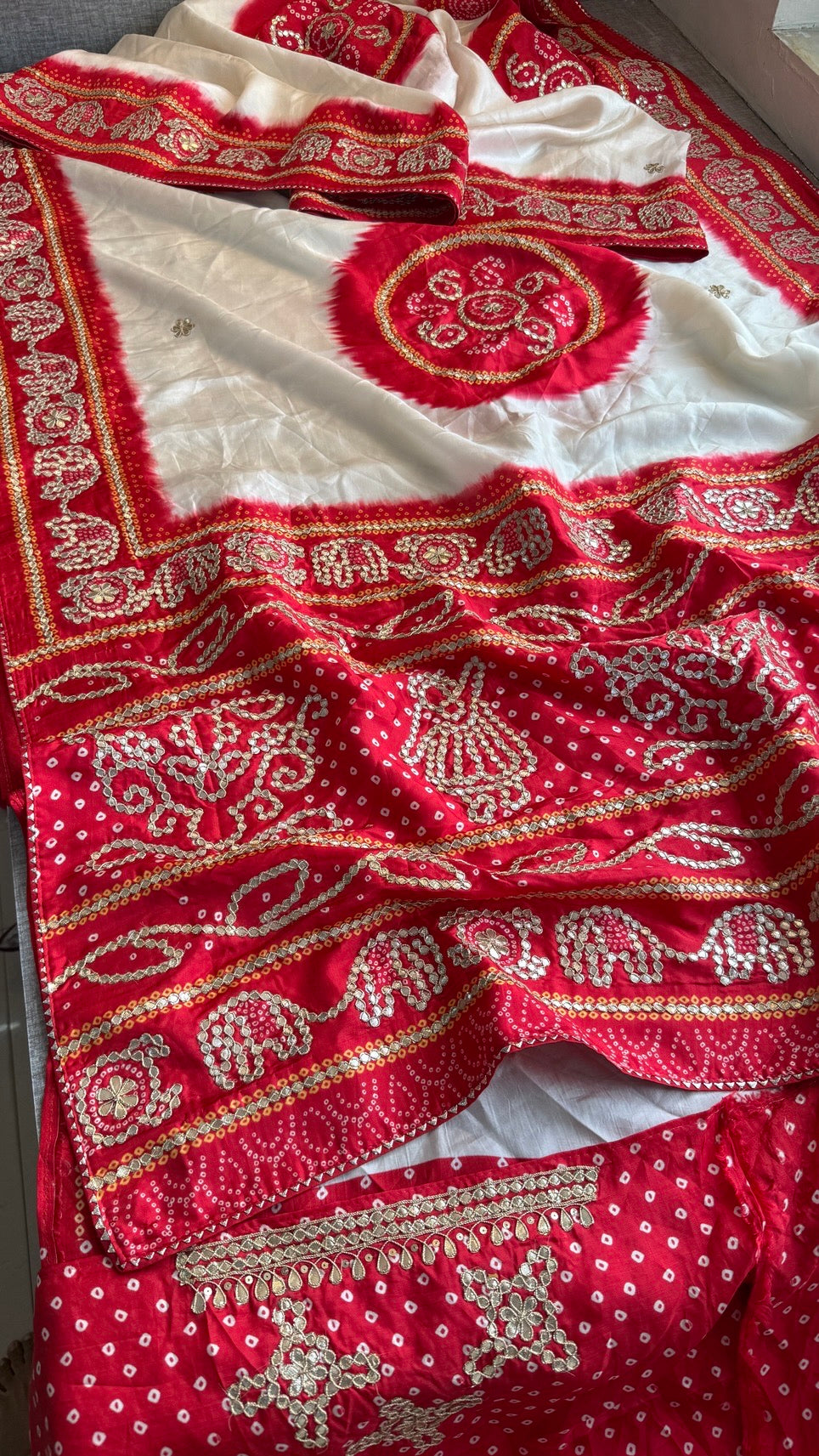 Pure Munga Silk Saree with Elephant Motifs & Gota Patti Work