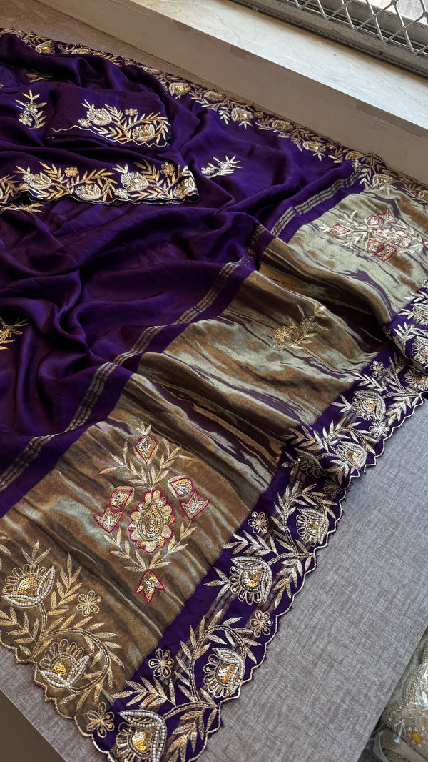 Designer Purple Pure Gajji Silk Saree with Aari, Cutdana, and Gota Patti Handwork with Blouse