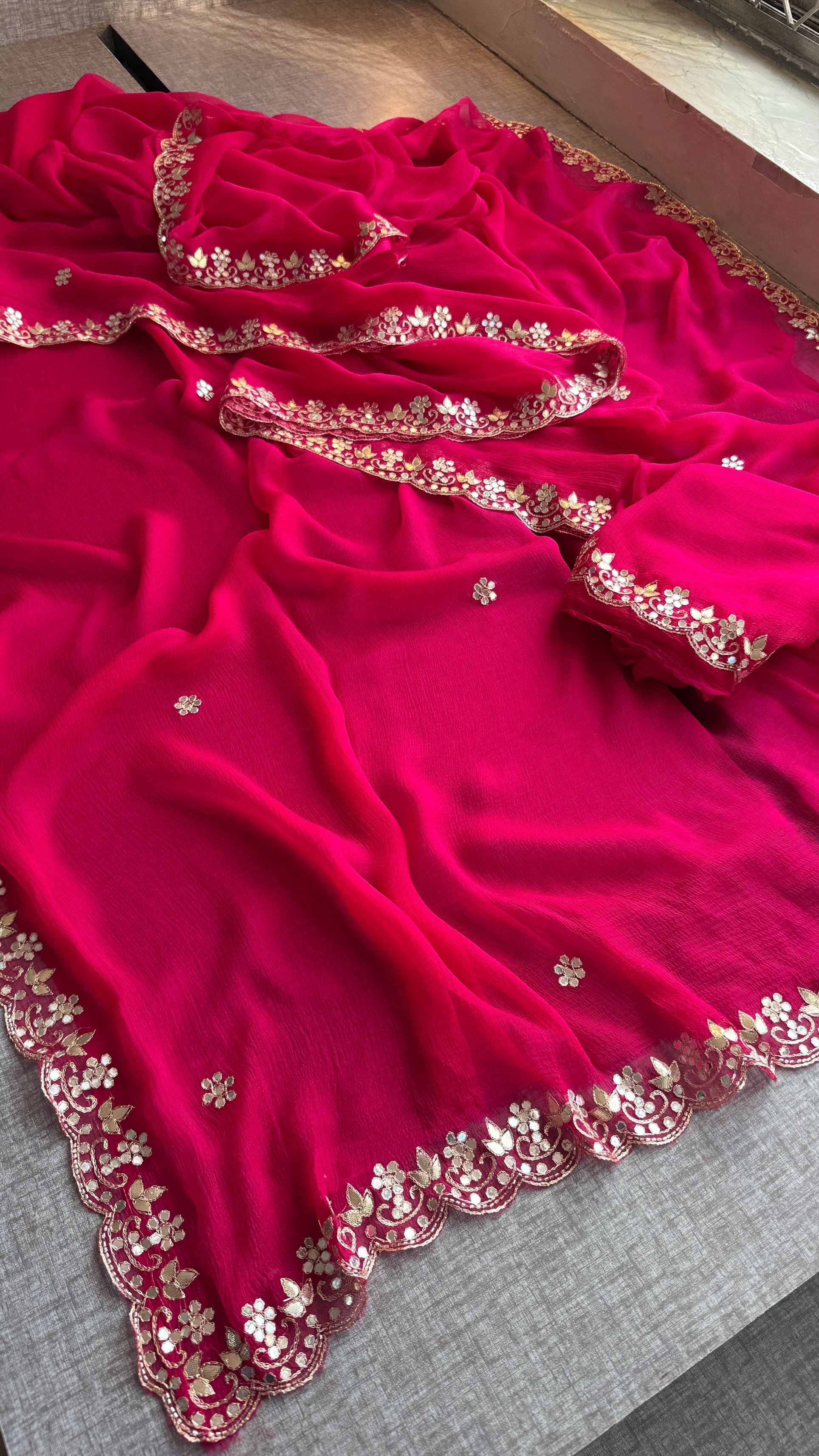Soft Chiffon Saree Adorned with Elegant Kasab & Gota Patti Handwork