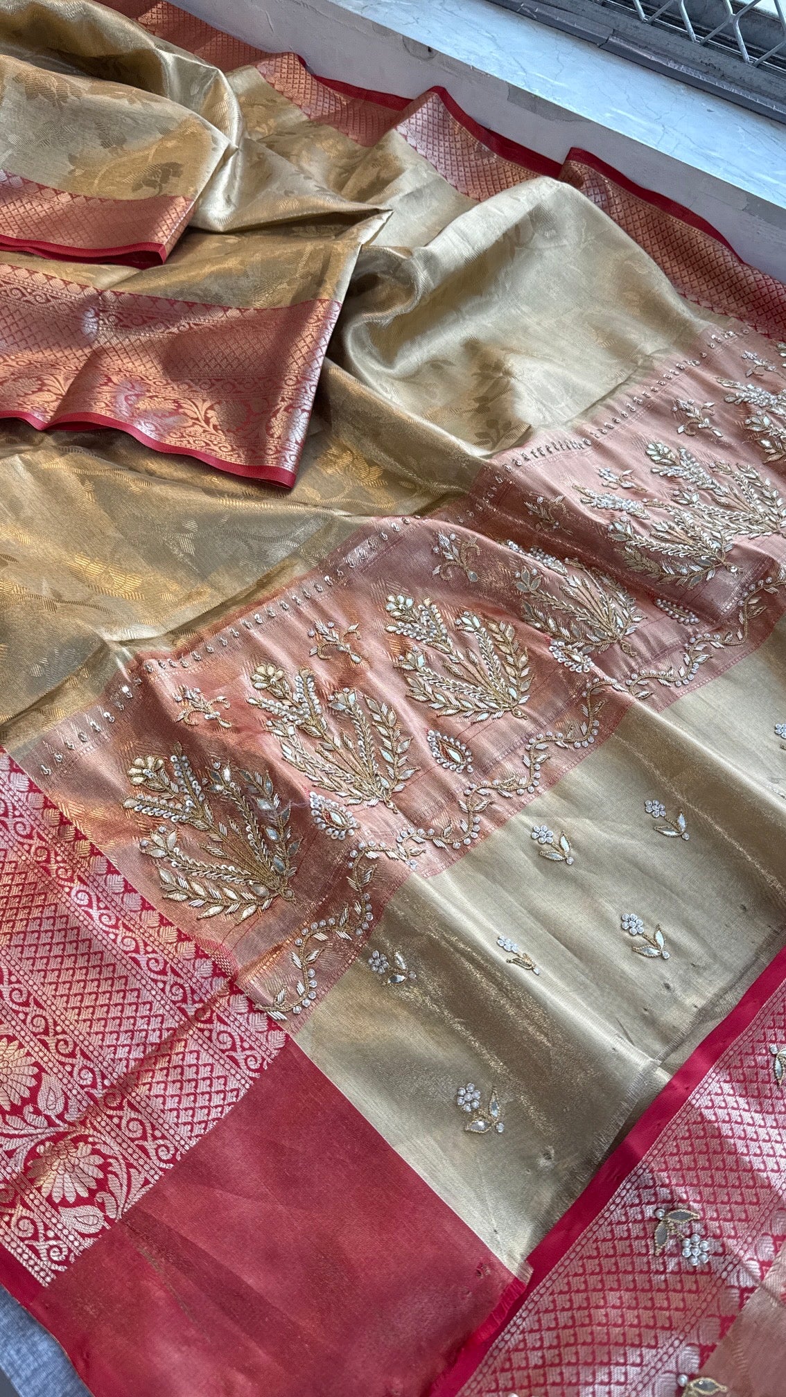 Gold and Red Kanjivaram Banarasi Silk Zari Weaving Saree with Gota Patti and Zardozi Handwork, Designer Wedding & Festive Wear