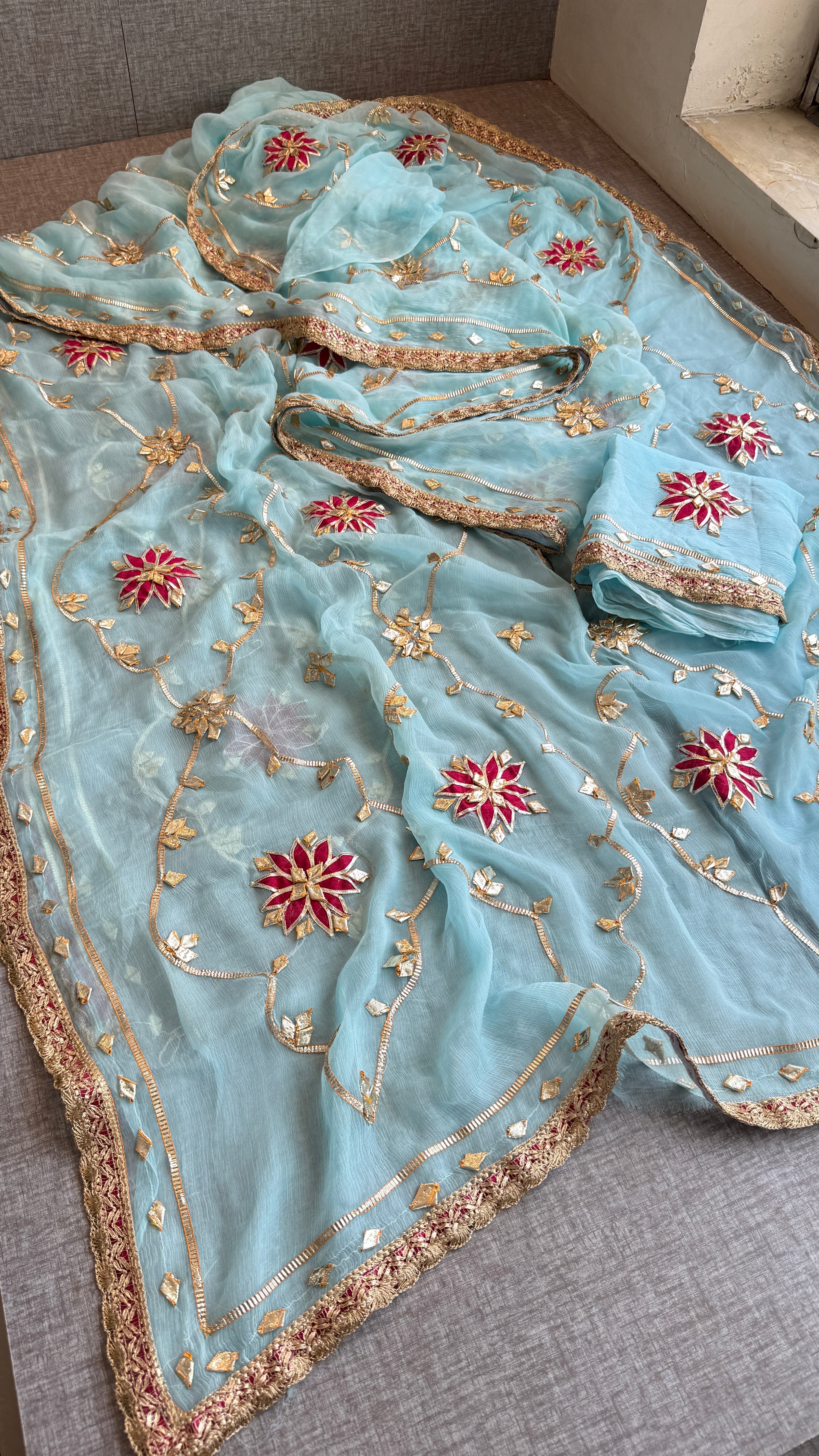 Firozi Chiffon Sikhiya Gotapatti All over Jaal Saree