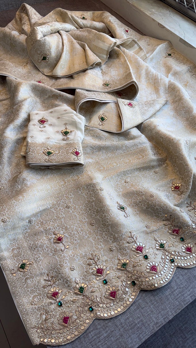 Luxury Munga Silk Banarasi Saree with Zardozi Gota Patti Pearl Sequin & Stone Handwork
