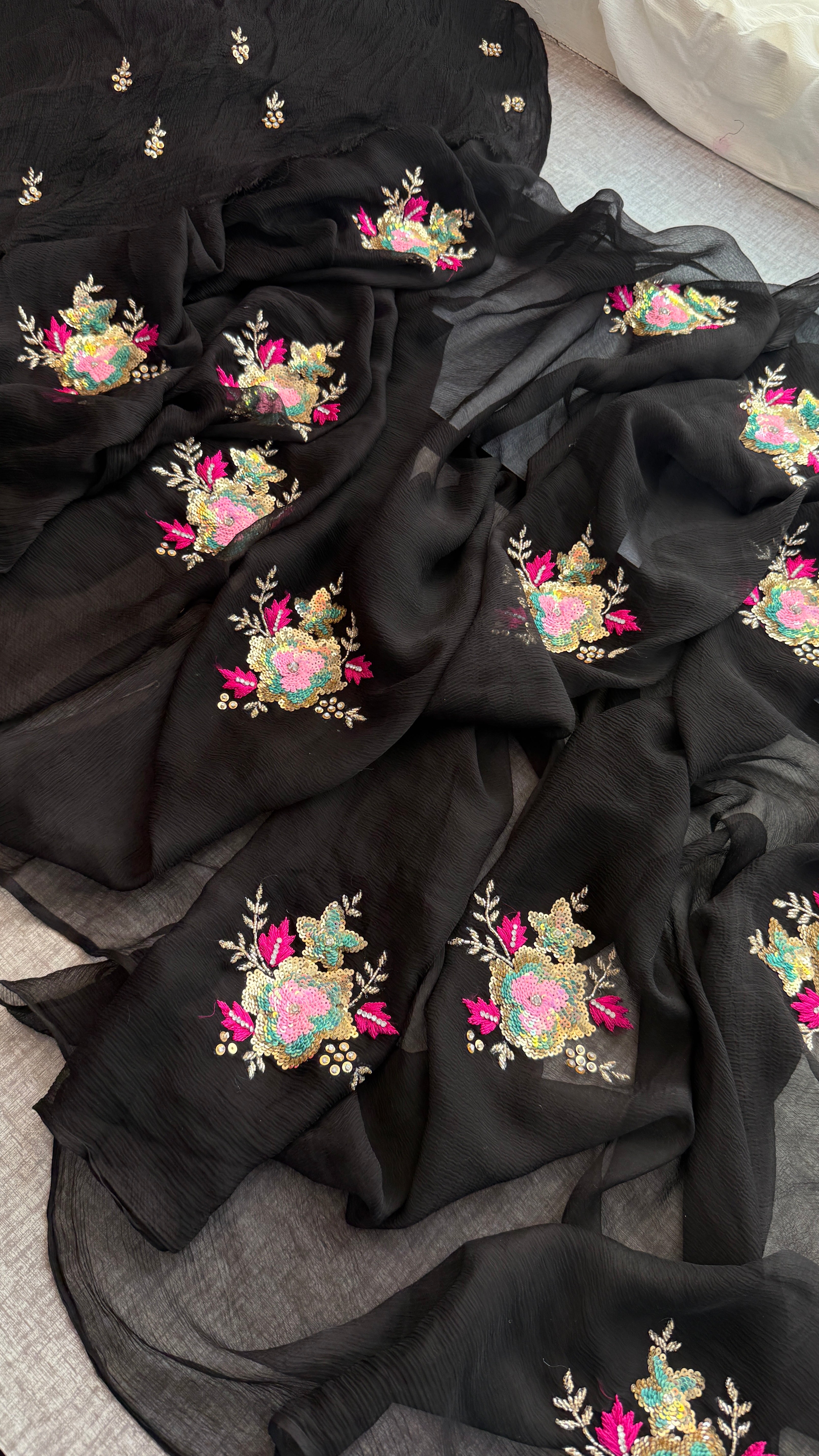 Midnight Black Chiffon Saree with Multi Sequins Butta & Resham Work