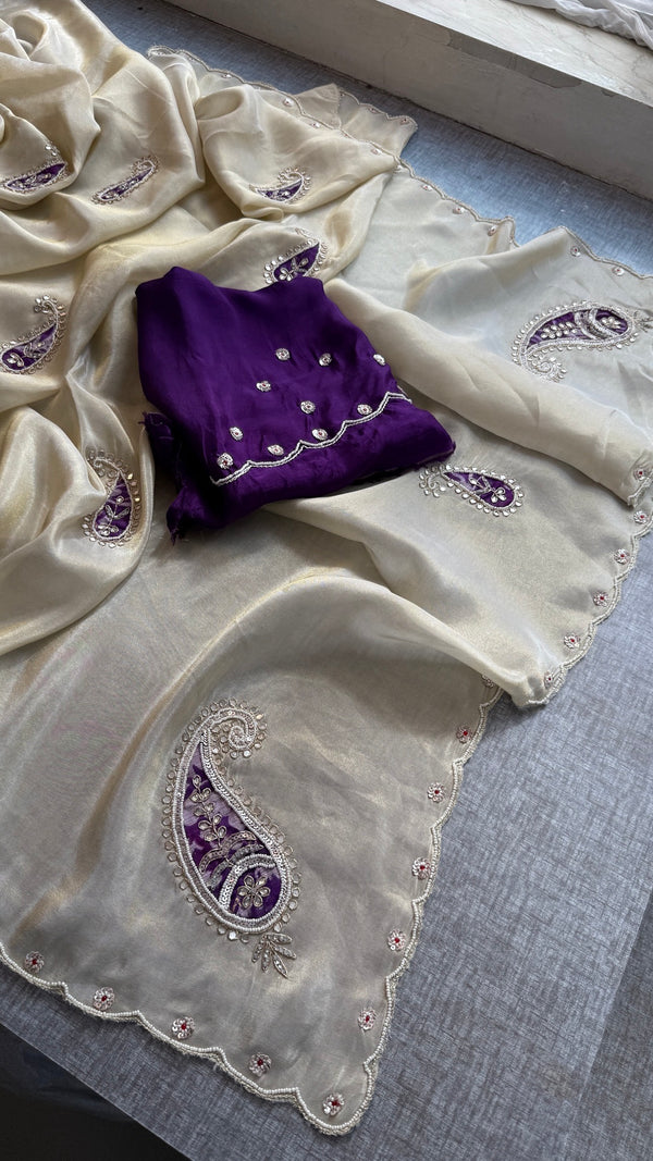 Pure Cosmo Tissue Silk Saree | Ivory & Purple Paisley Aari Work Saree | Sequin & Moti Embroidery | Scalloped Border