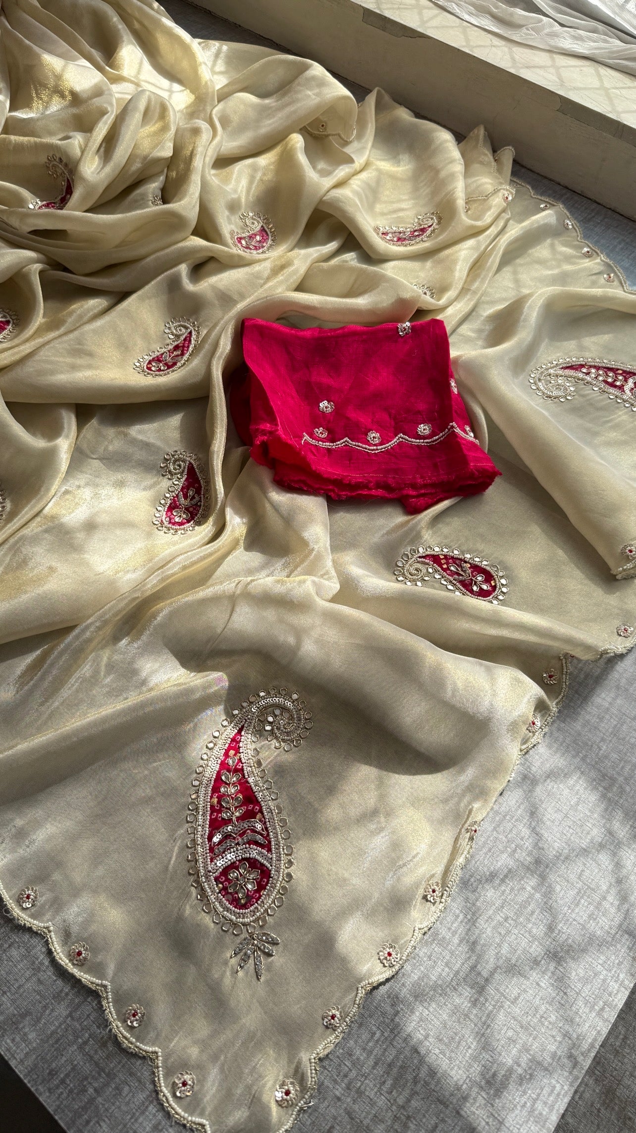 Pure Cosmo Tissue Silk Saree | Ivory & Purple Paisley Aari Work Saree | Sequin & Moti Embroidery | Scalloped Border