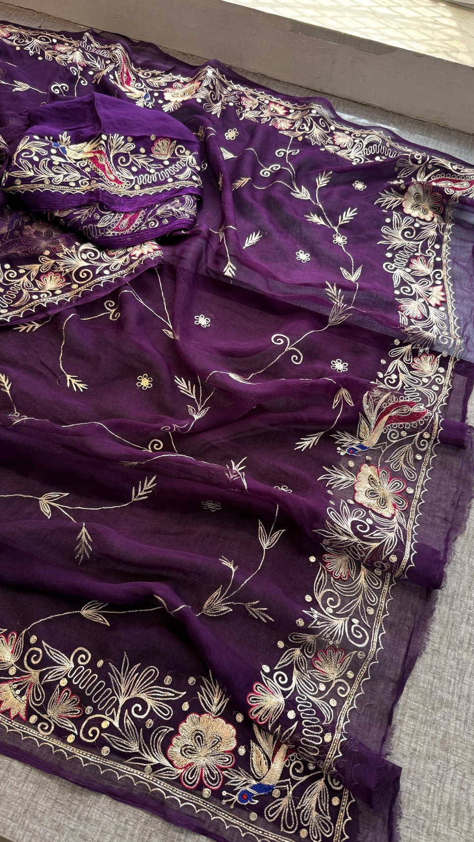 Handcrafted Chiffon Saree with Aari Pittan Peacock Work