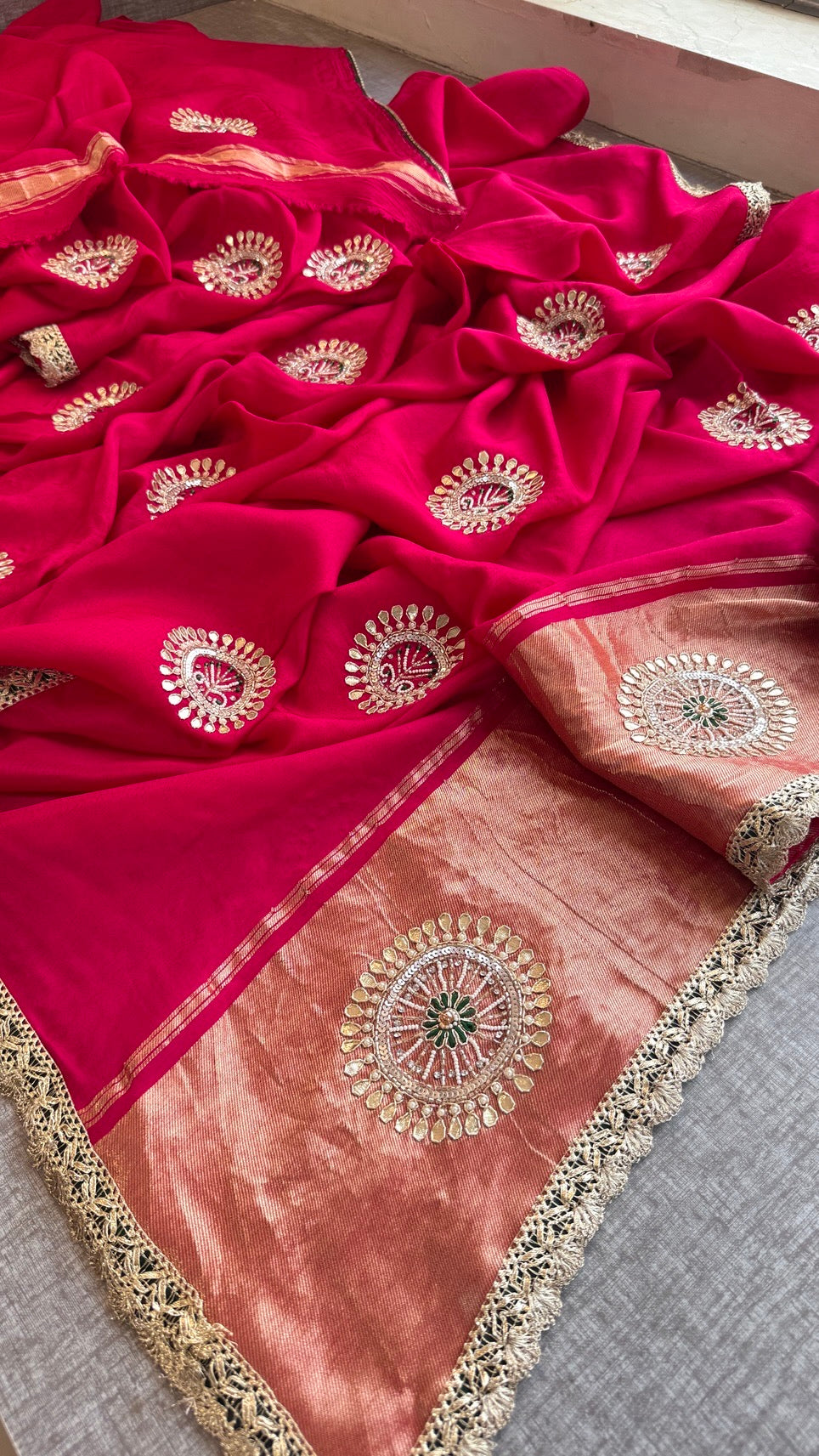 Pure Munga Silk Lakdi Patta Banarasi Saree with Gotapatti, Zardozi & Pearl Work
