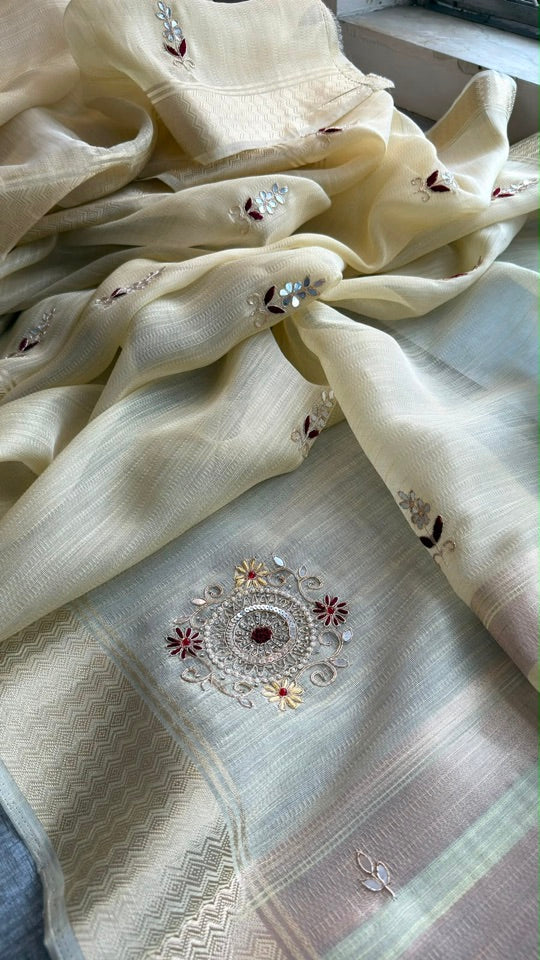 Pure Tissue Linen Banarasi Saree | Zardozi & Kutdana Handwork Saree
