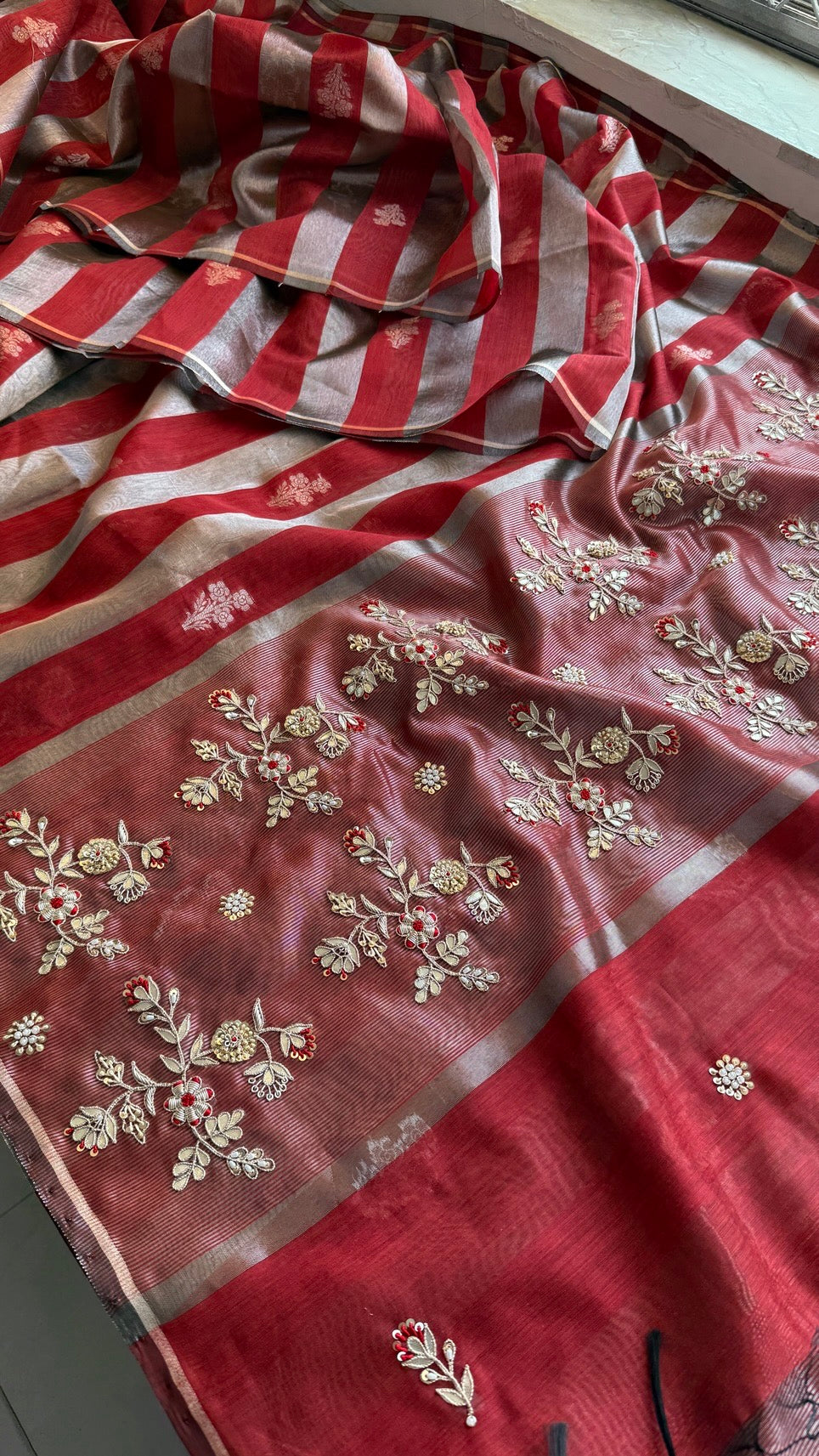 Pure Soft Silk Banarasi Weaving Saree with Zardozi Gotapatti & Pearl Sequins Pallu