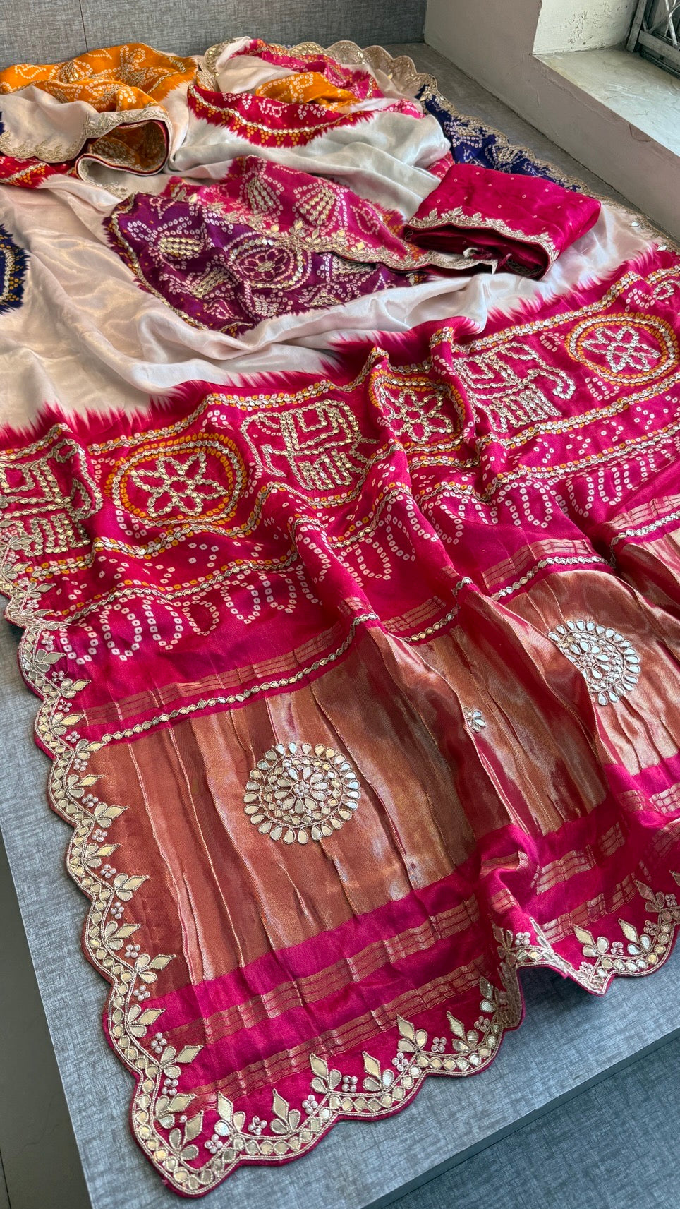 Elegant Gajji Silk Saree with Bandhani Prints & Handcrafted Embellishments