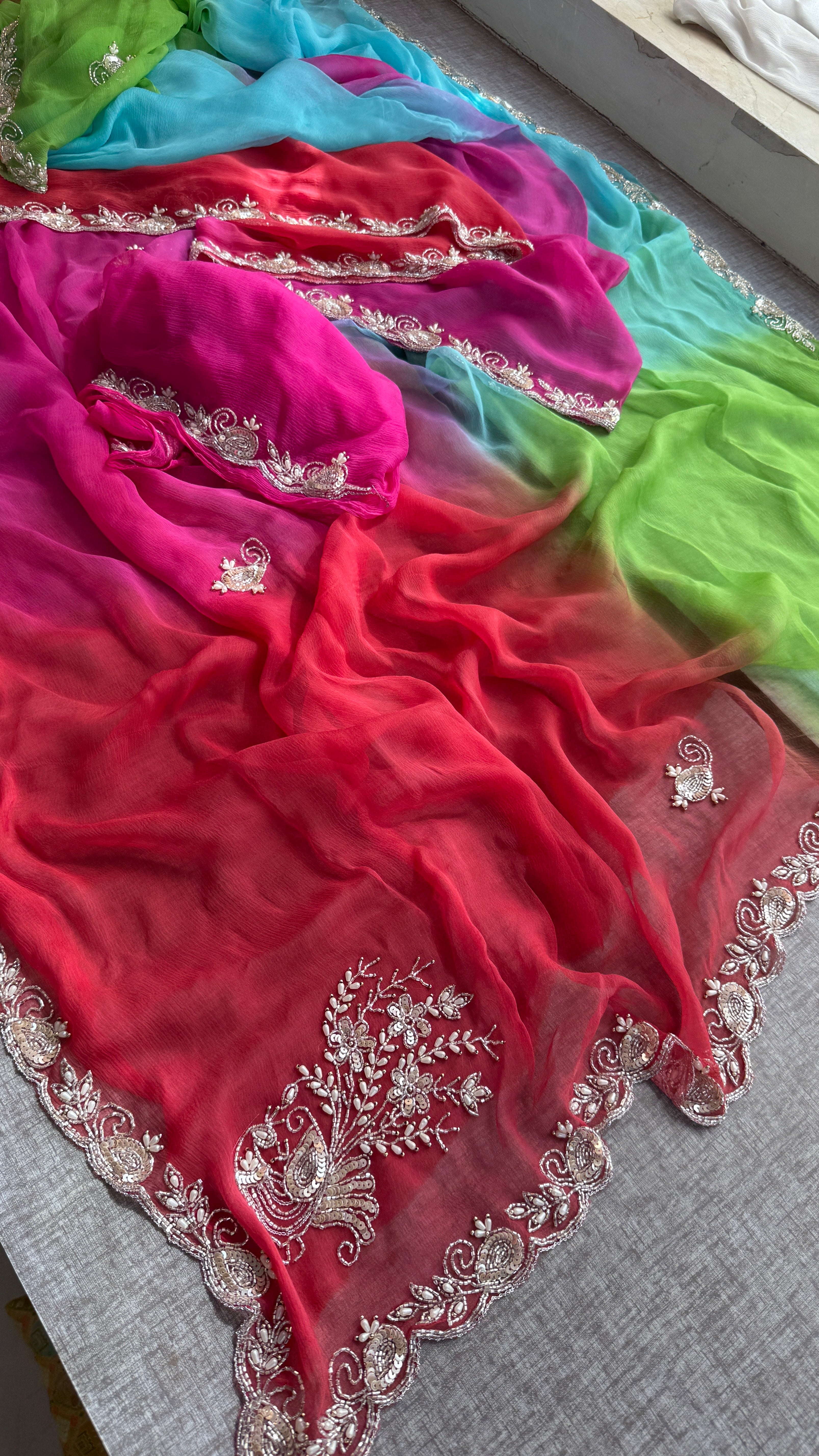 Multi Shade Summer Chiffon Saree with Cutdana, Moti & Sequins Work