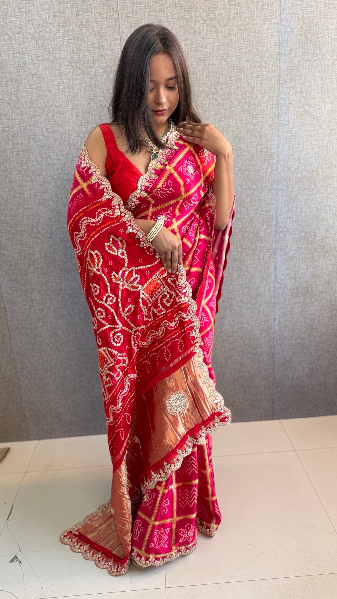 Pure Gajji Silk Lakdi Patta Bandhani Saree with Gotapatti, Pearl Sequins & Scallop Border