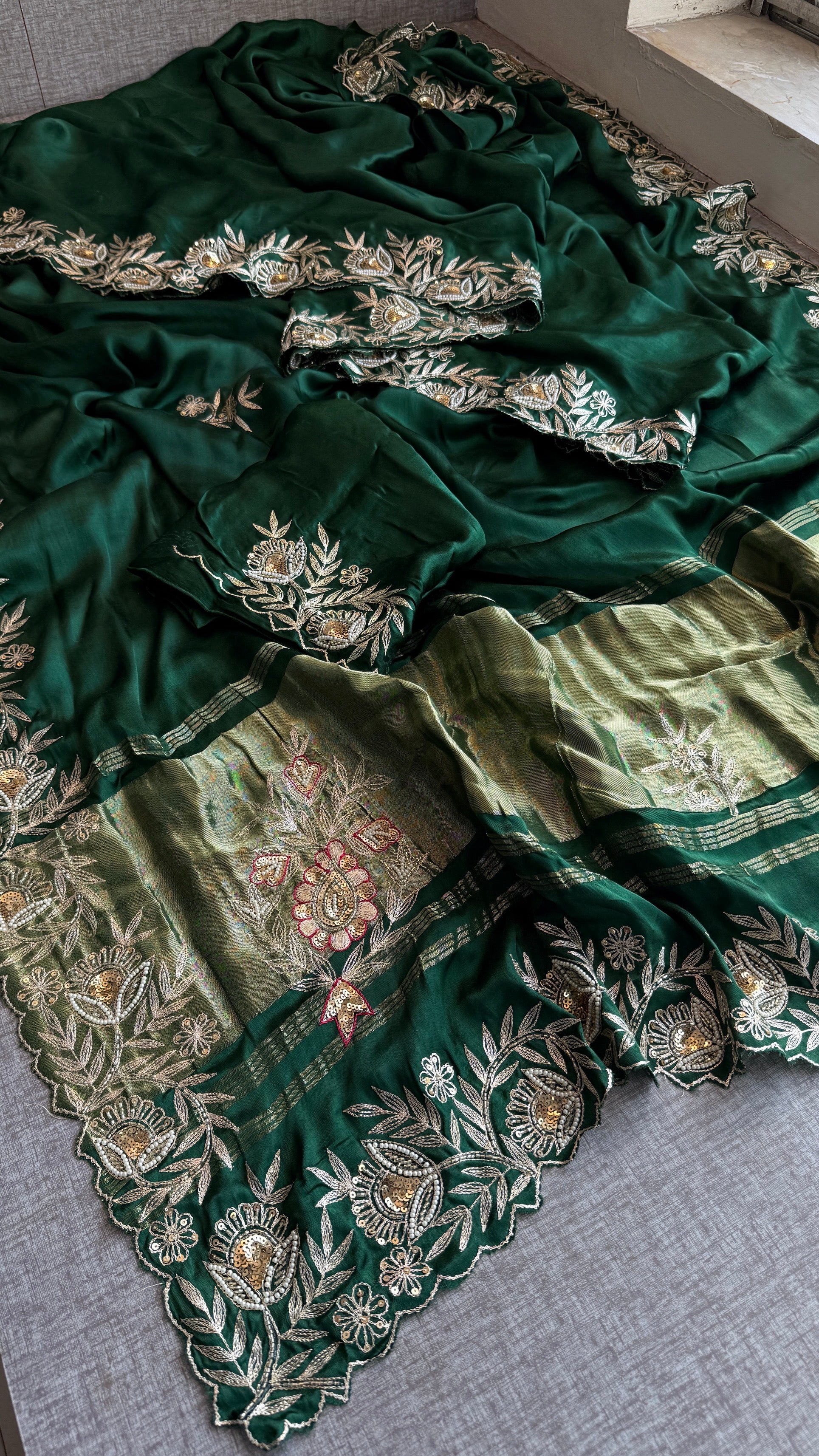 Designer Green Pure Gajji Silk Saree with Aari, Cutdana, and Gota Patti Handwork with Blouse