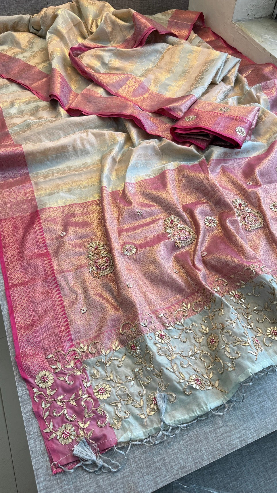 Pure Soft Tissue Silk Saree with Heavy Pallid Brocade & Banarasi Zari Border